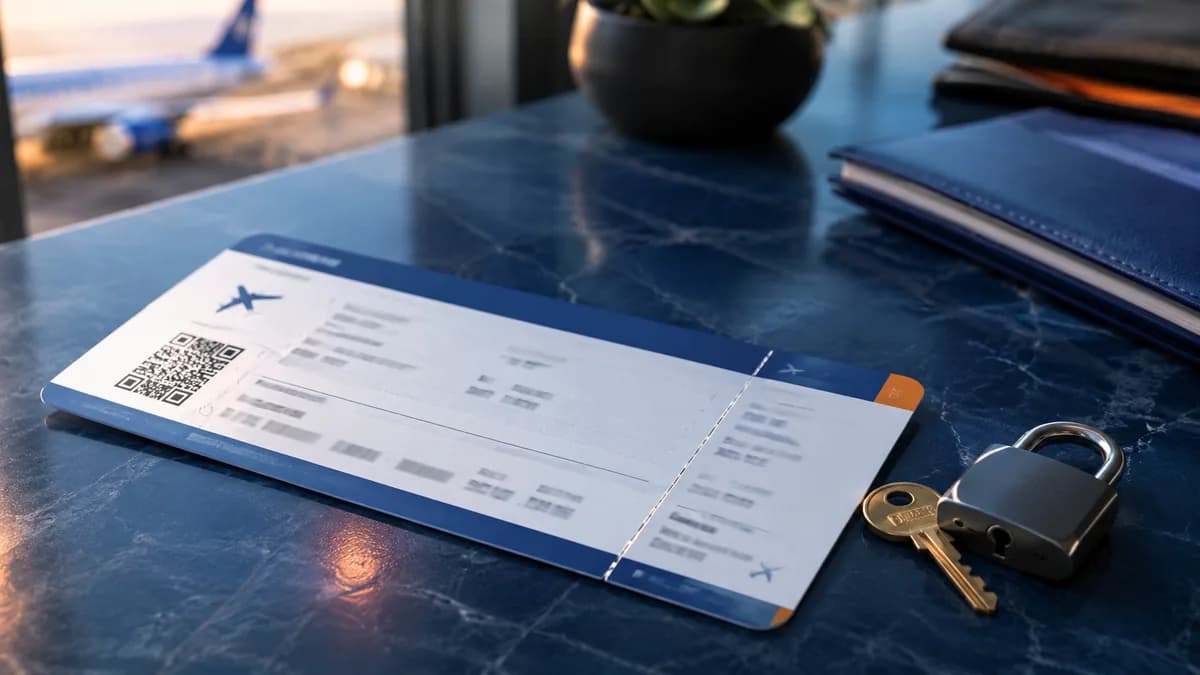 Billete de avión con un candado y una llave, ilustrando un billete de avión no reembolsable