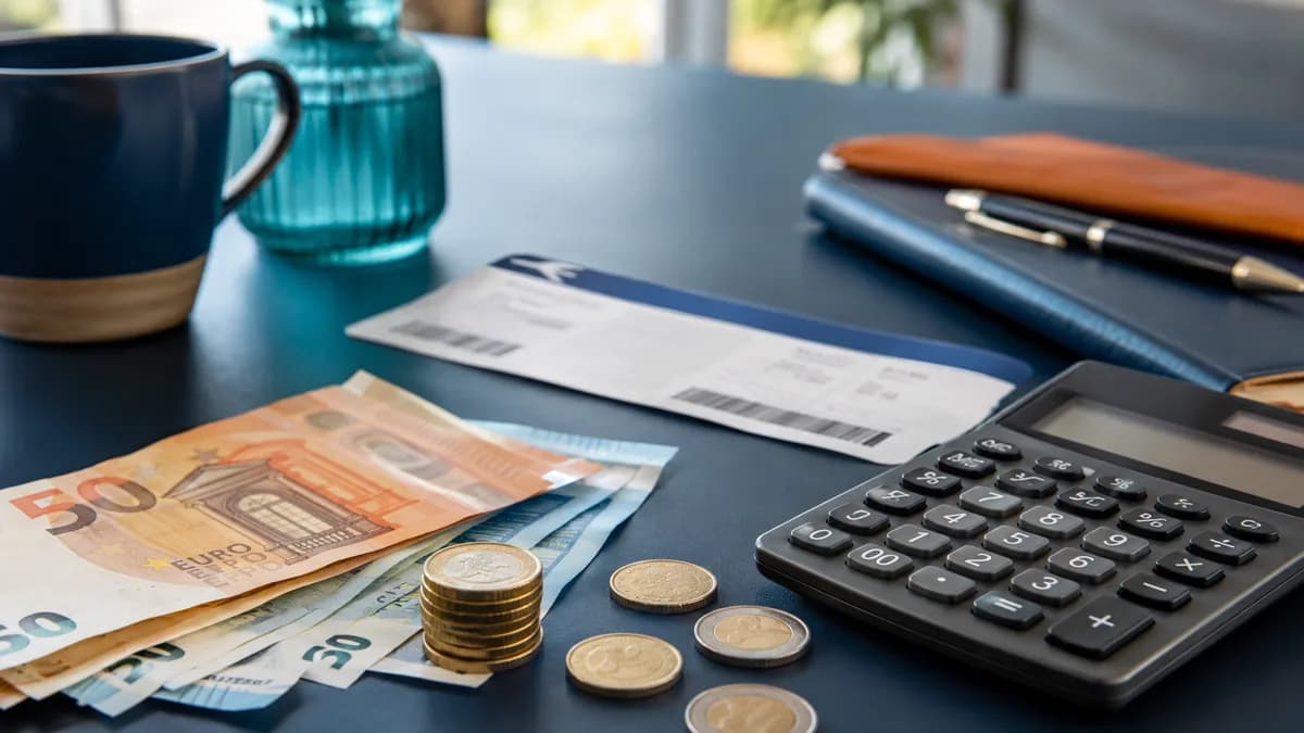 Billete de avión, calculadora y billetes de banco para estimar el importe de las tasas recuperables