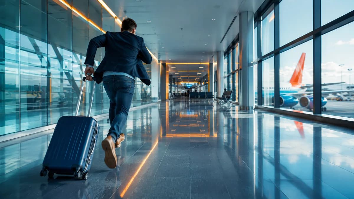 Hombre corriendo con una maleta en un aeropuerto, ilustrando un vuelo perdido y su solicitud de reembolso de las tasas