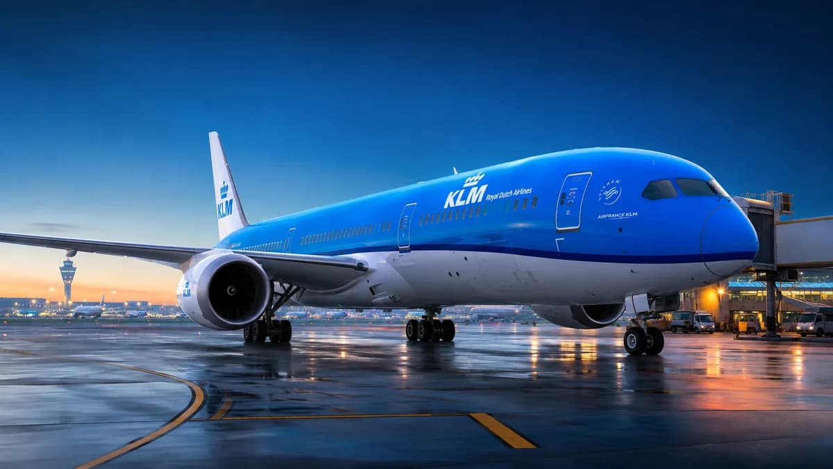 Avión de KLM en tierra frente a la terminal, ilustrando el reembolso de las tasas de KLM
