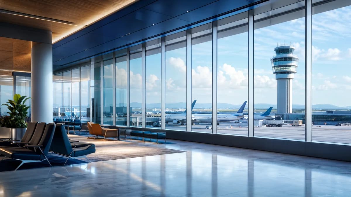 Sala de aeropuerto con vista a la torre de control, ilustrando el reembolso de las tasas de aeropuerto